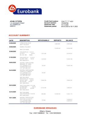 Greece Eurobank Ergasias proof of address bank statement template in Word and PDF format, .doc and .pdf format