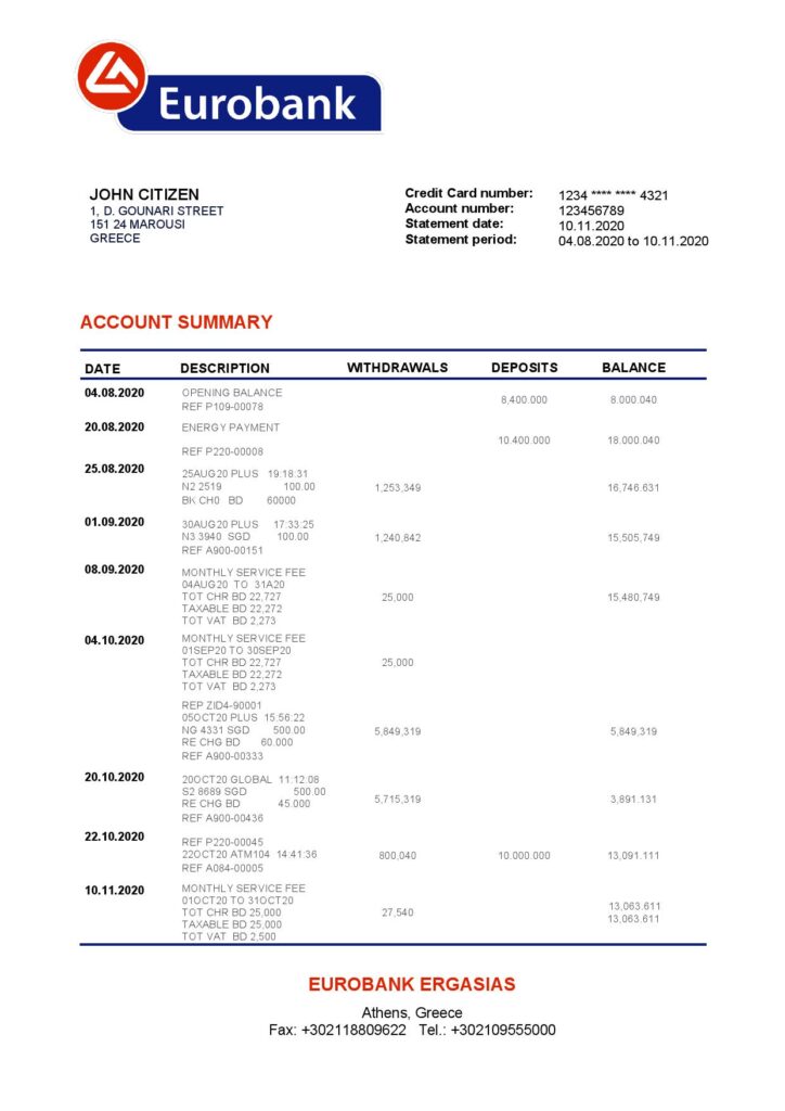 Greece Eurobank Ergasias proof of address bank statement template in Word and PDF format, .doc and .pdf format