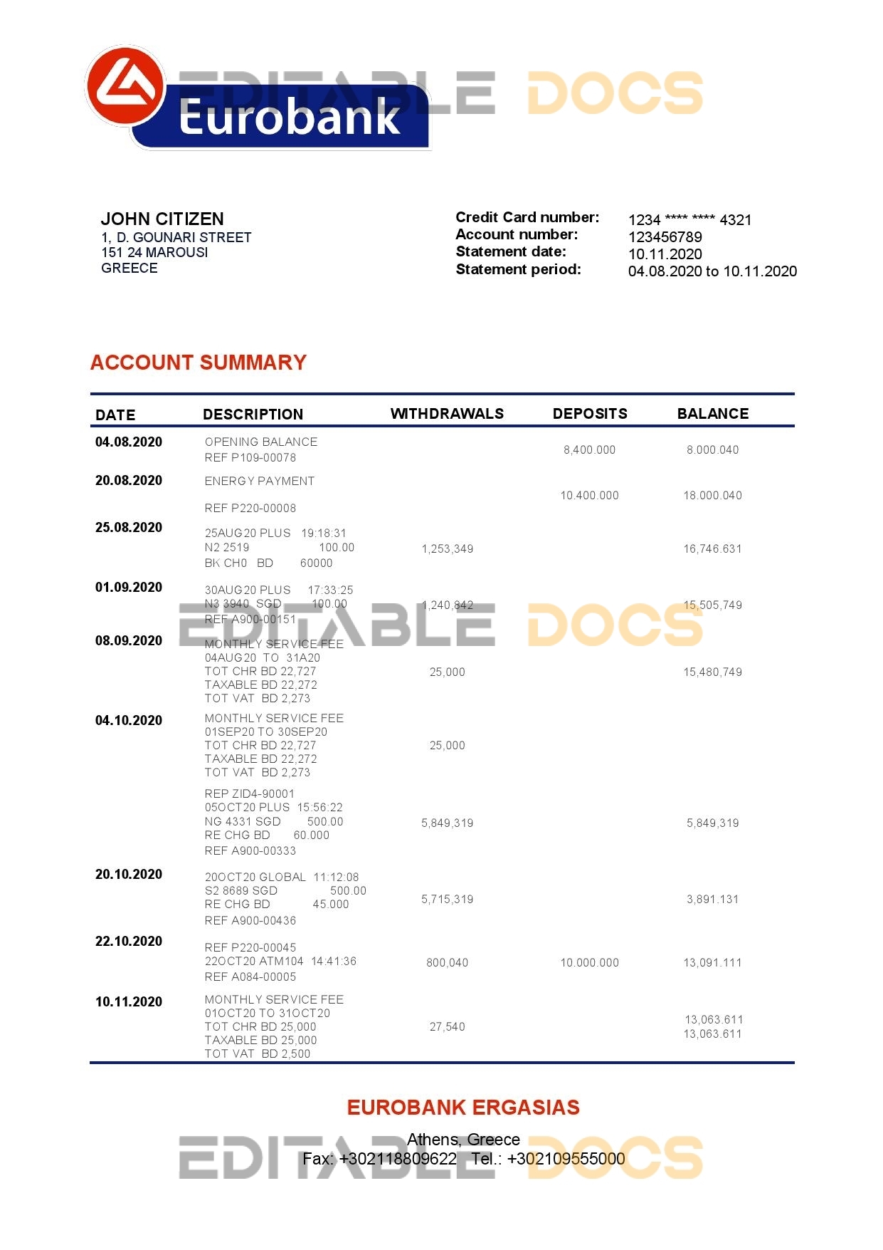 Greece Eurobank Ergasias proof of address bank statement template in Word and PDF format, .doc and .pdf format