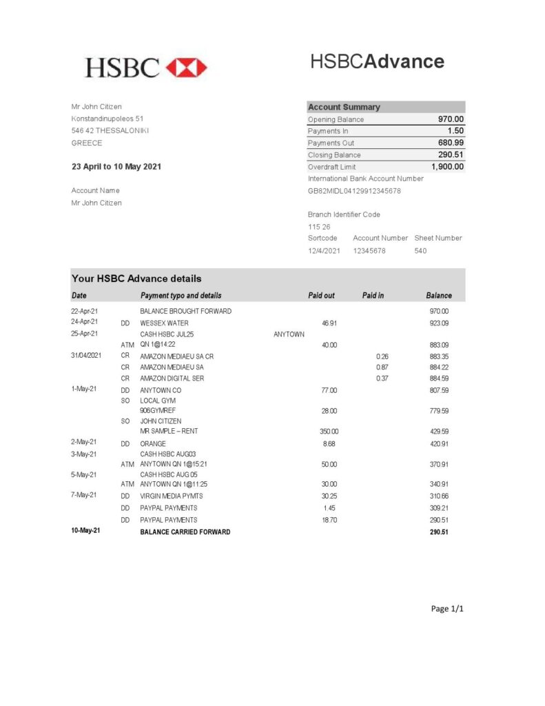 Greece HSBC bank statement easy to fill template in Excel and PDF format