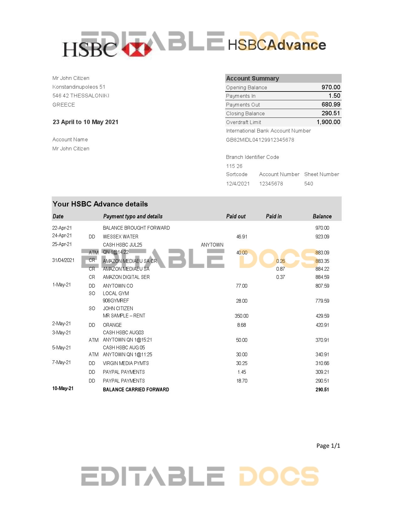 Greece HSBC bank statement easy to fill template in Excel and PDF format