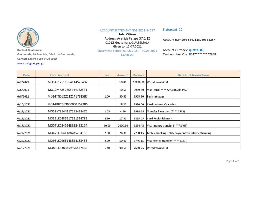 Guatemala Banco de Guatemala bank statement easy to fill template in Excel and PDF format