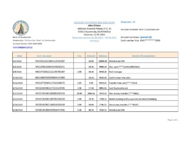 Guatemala Banco de Guatemala bank statement easy to fill template in Excel and PDF format