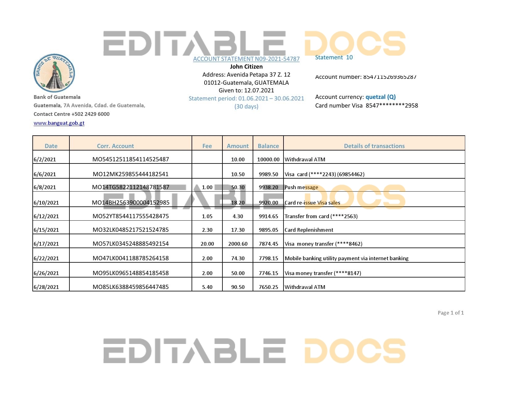 Guatemala Banco de Guatemala bank statement easy to fill template in Excel and PDF format