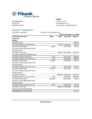 Guinea Fibank bank statement template in .xls and .pdf file format