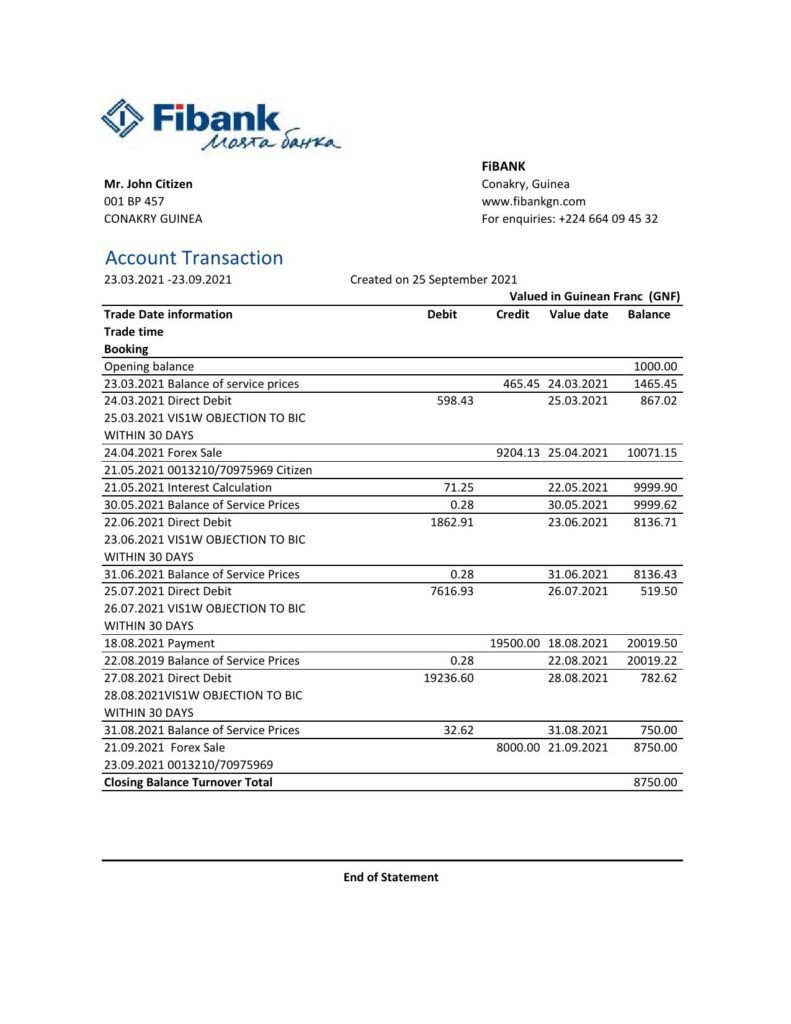 Guinea Fibank bank statement template in .xls and .pdf file format