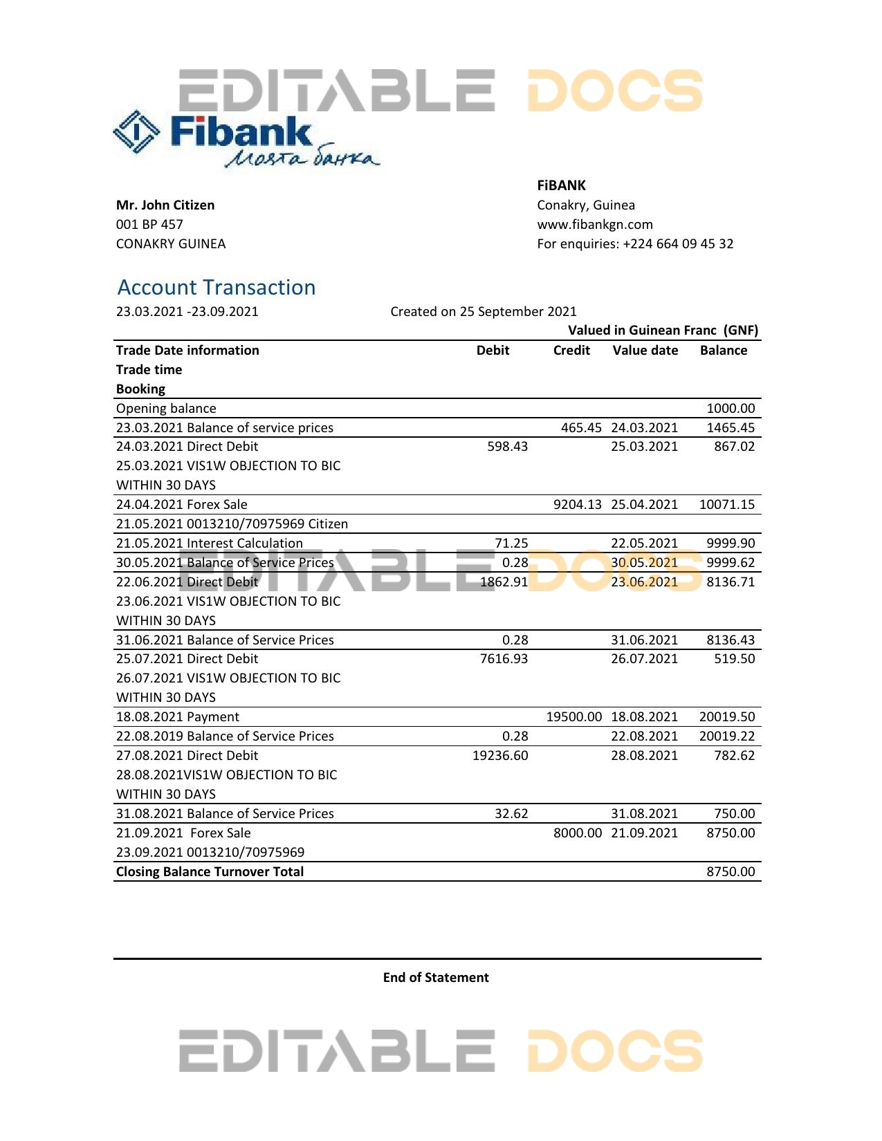 Guinea Fibank bank statement template in .xls and .pdf file format