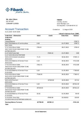 Guinea Fibank proof of address bank statement template in Word and PDF format