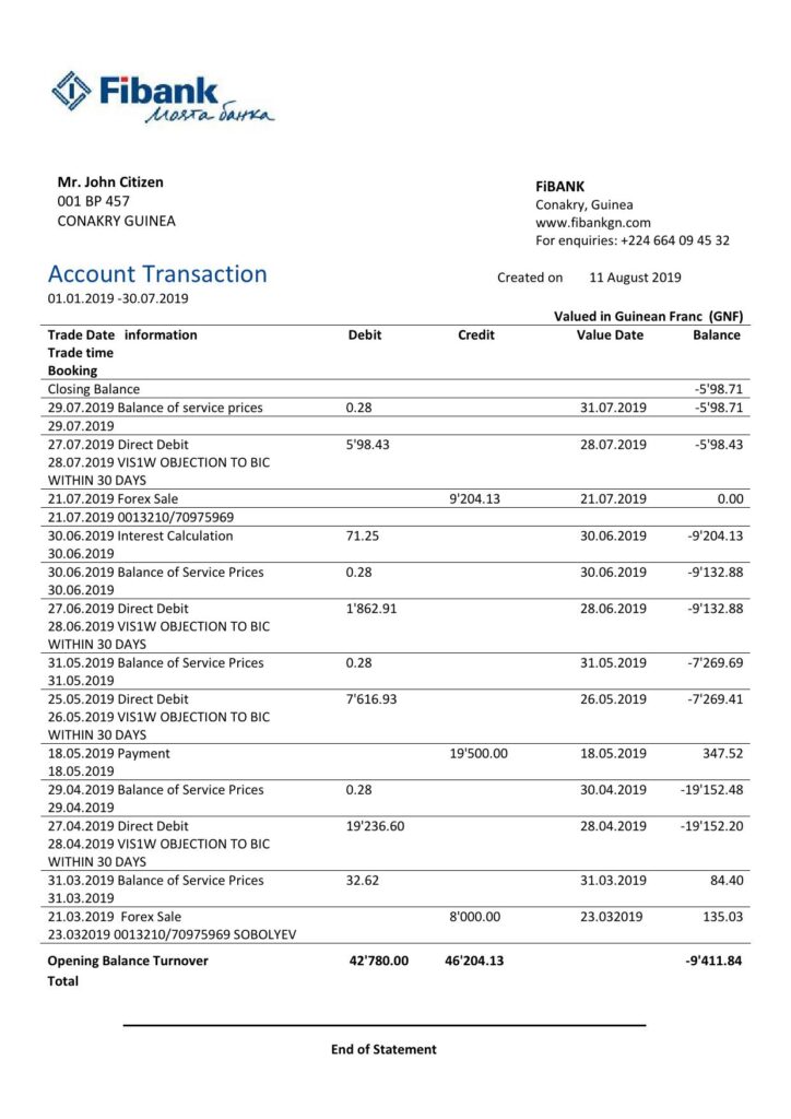 Guinea Fibank proof of address bank statement template in Word and PDF format