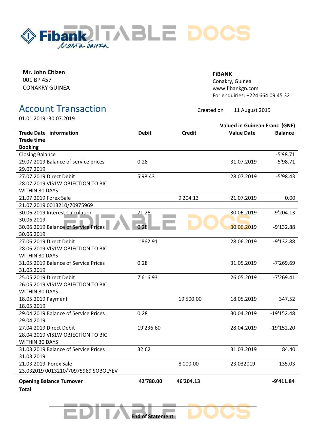 Guinea Fibank proof of address bank statement template in Word and PDF format