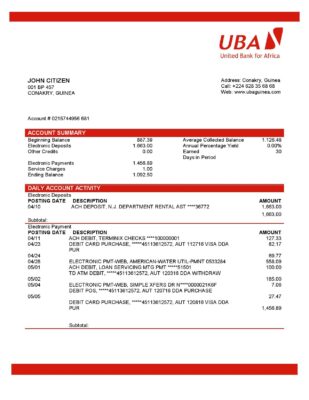 Guinea UBA Bank statement template in Word and PDF format, good for address prove