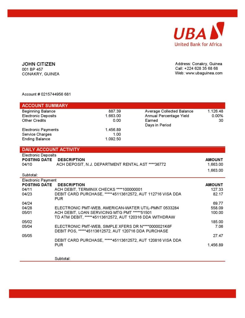 Guinea UBA Bank statement template in Word and PDF format, good for address prove