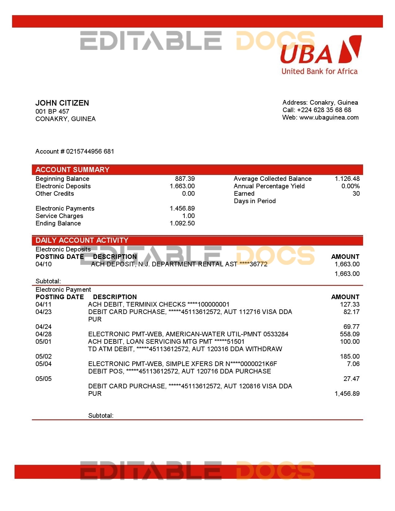 Guinea UBA Bank statement template in Word and PDF format, good for address prove