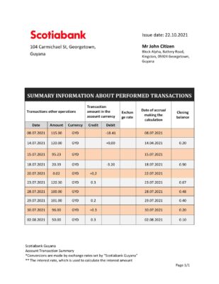 Guyana Bank of Nova Scotia bank statement template in Word and PDF format