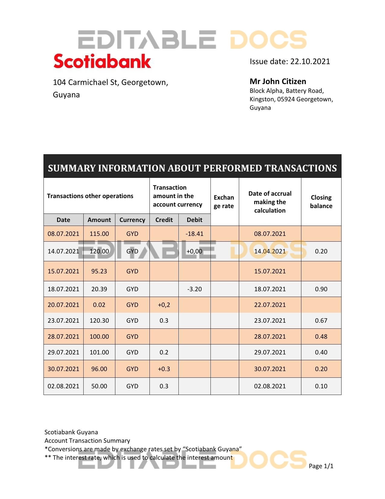 Guyana Bank of Nova Scotia bank statement template in Word and PDF format