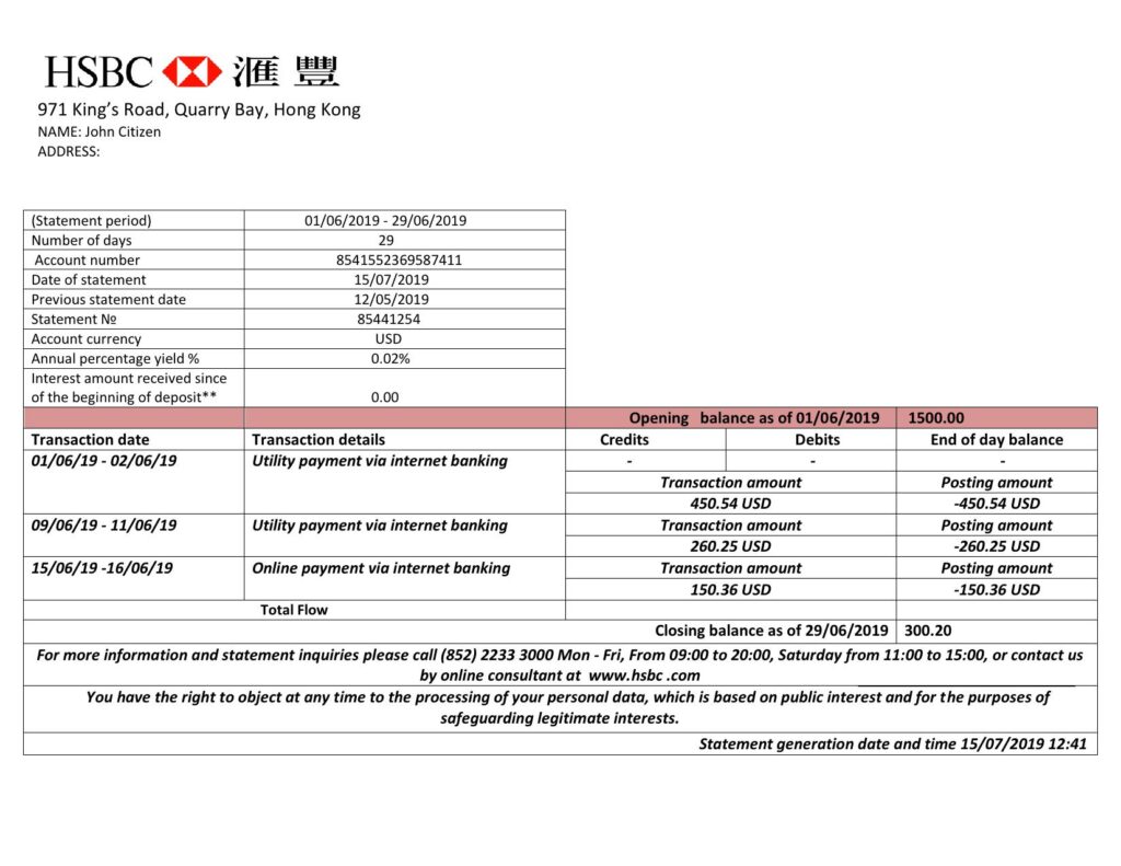 Hong Kong HSBC bank statement easy to fill template in Word and PDF format