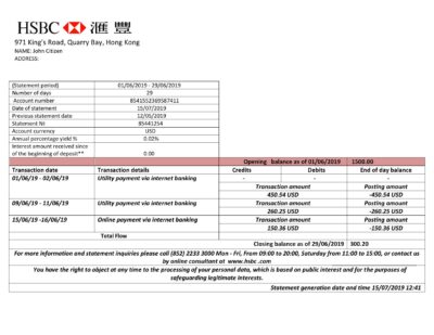 Hong Kong HSBC bank statement easy to fill template in Word and PDF format