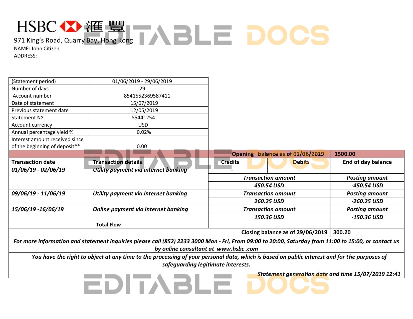 Hong Kong HSBC bank statement easy to fill template in Word and PDF format