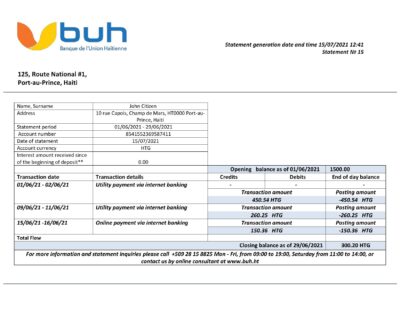 Haiti BUH bank statement template in Word and PDF format