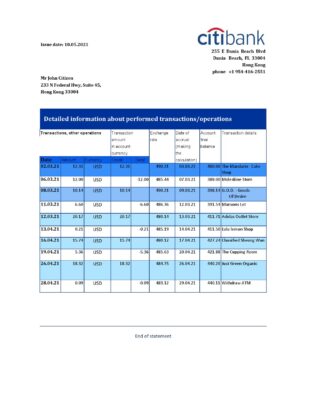 Hong Kong Citibank proof of address bank statement template in Excel and PDF format