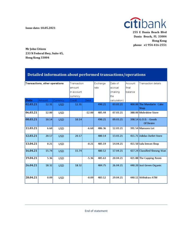 Hong Kong Citibank proof of address bank statement template in Excel and PDF format