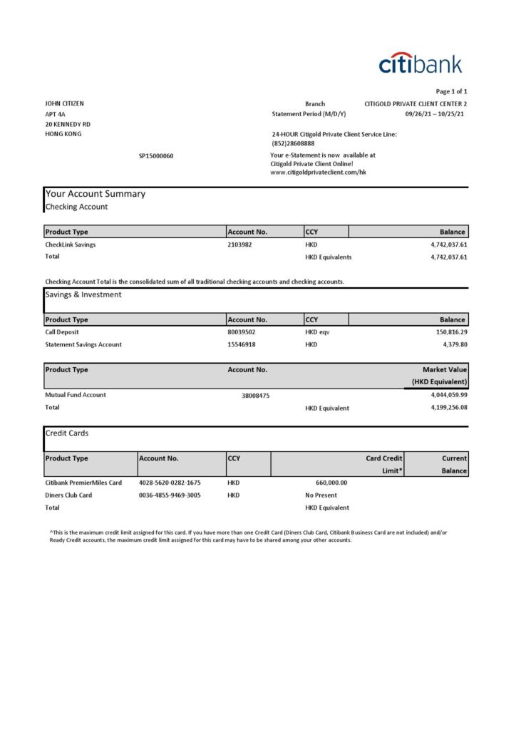 Hong Kong Citibank credit card statement template in .xls and .pdf file format