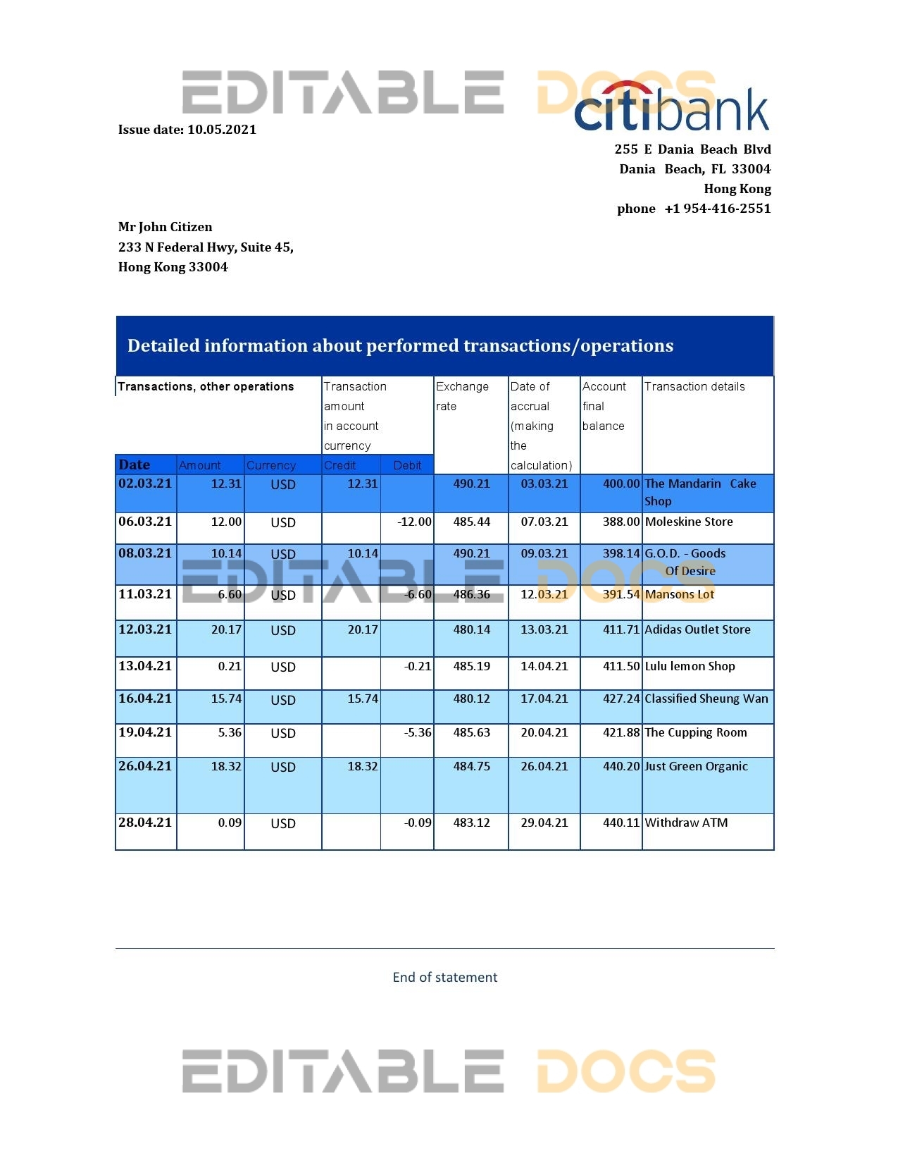 Hong Kong Citibank proof of address bank statement template in Excel and PDF format
