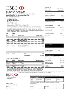 Hong Kong HSBC bank Visa Platinum credit card statement template in .xls and .pdf file format
