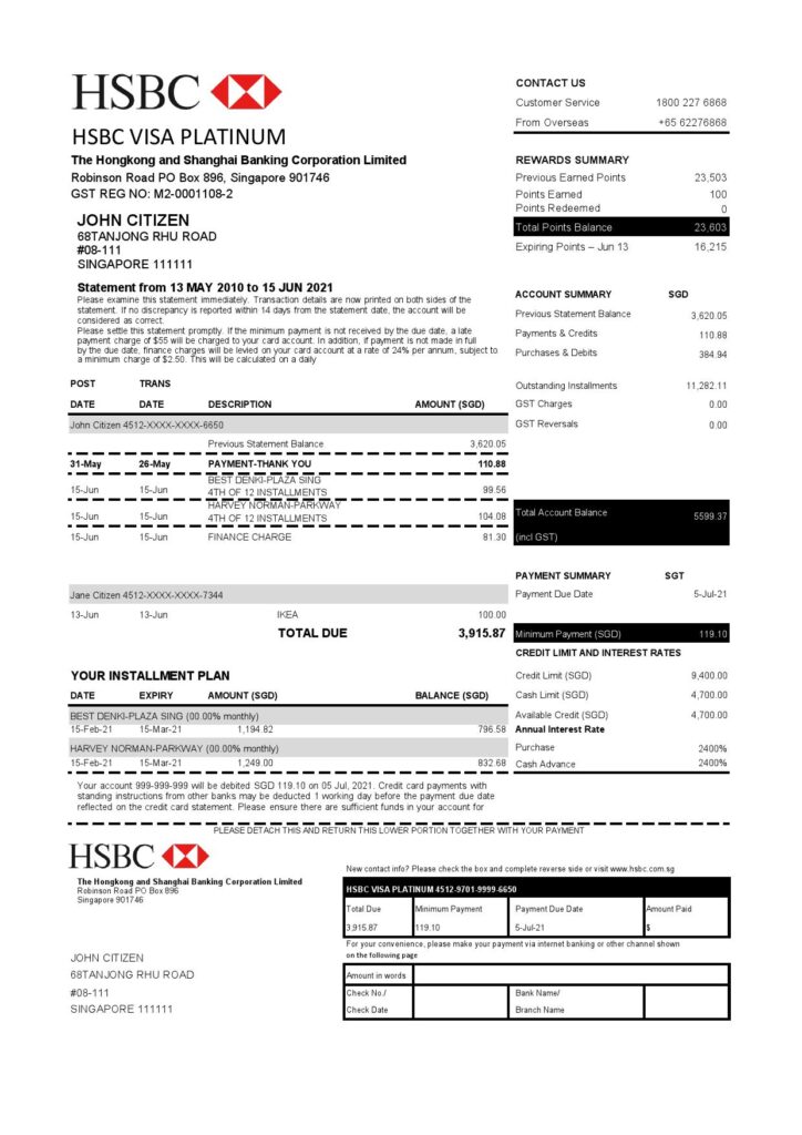 Hong Kong HSBC bank Visa Platinum credit card statement template in .xls and .pdf file format