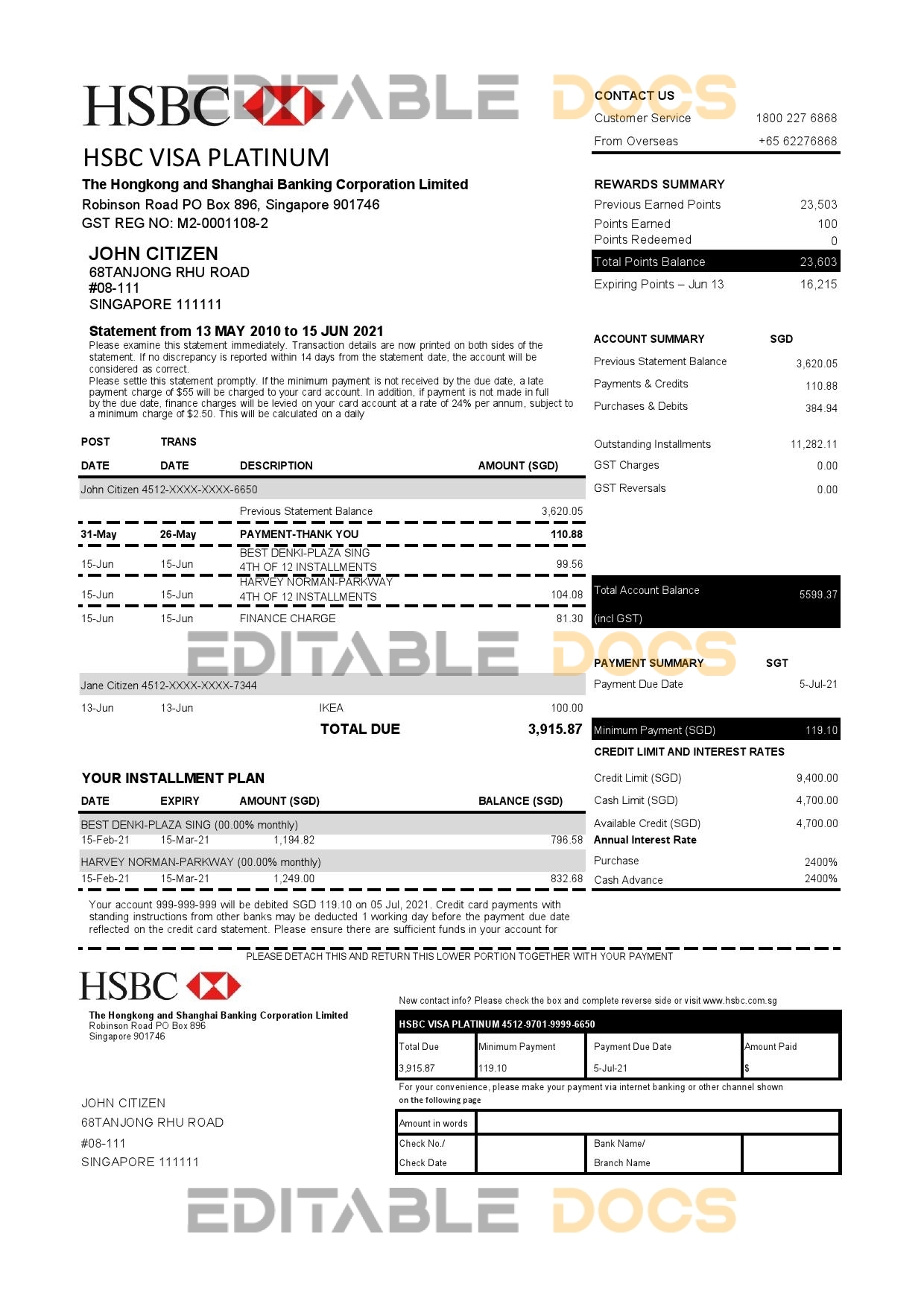 Hong Kong HSBC bank Visa Platinum credit card statement template in .xls and .pdf file format