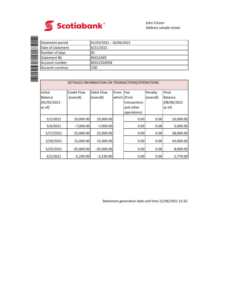 Hong Kong Scotiabank bank statement easy to fill template in Excel and PDF format