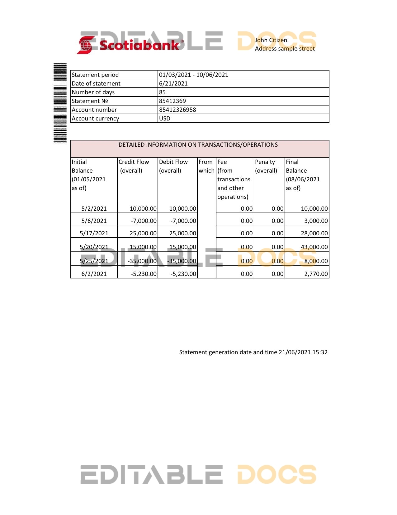 Hong Kong Scotiabank bank statement easy to fill template in Excel and PDF format