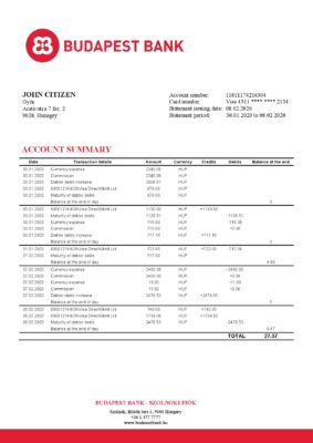 Hungary Budapest Bank – Szolnoki Fiók bank statement template in Word and PDF format