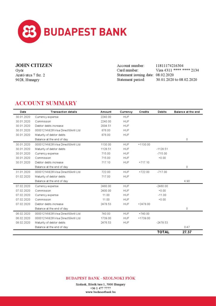 Hungary Budapest Bank – Szolnoki Fiók bank statement template in Word and PDF format