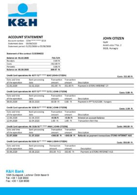 Hungary K&H Bank statement template in Word and PDF format