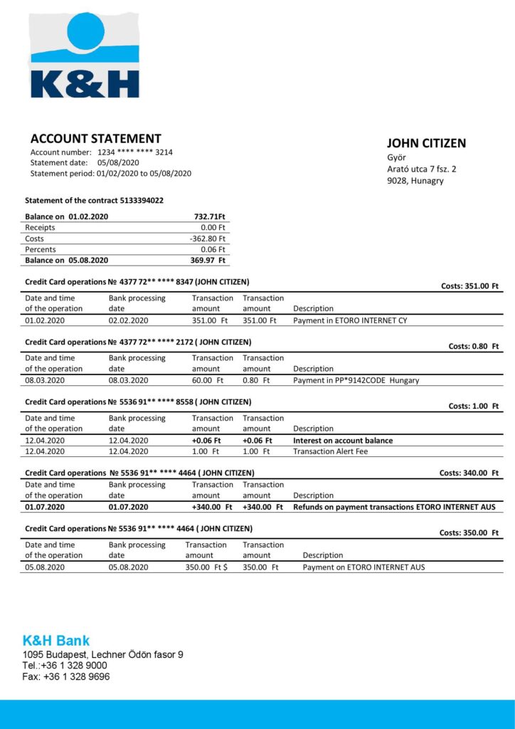 Hungary K&H Bank statement template in Word and PDF format