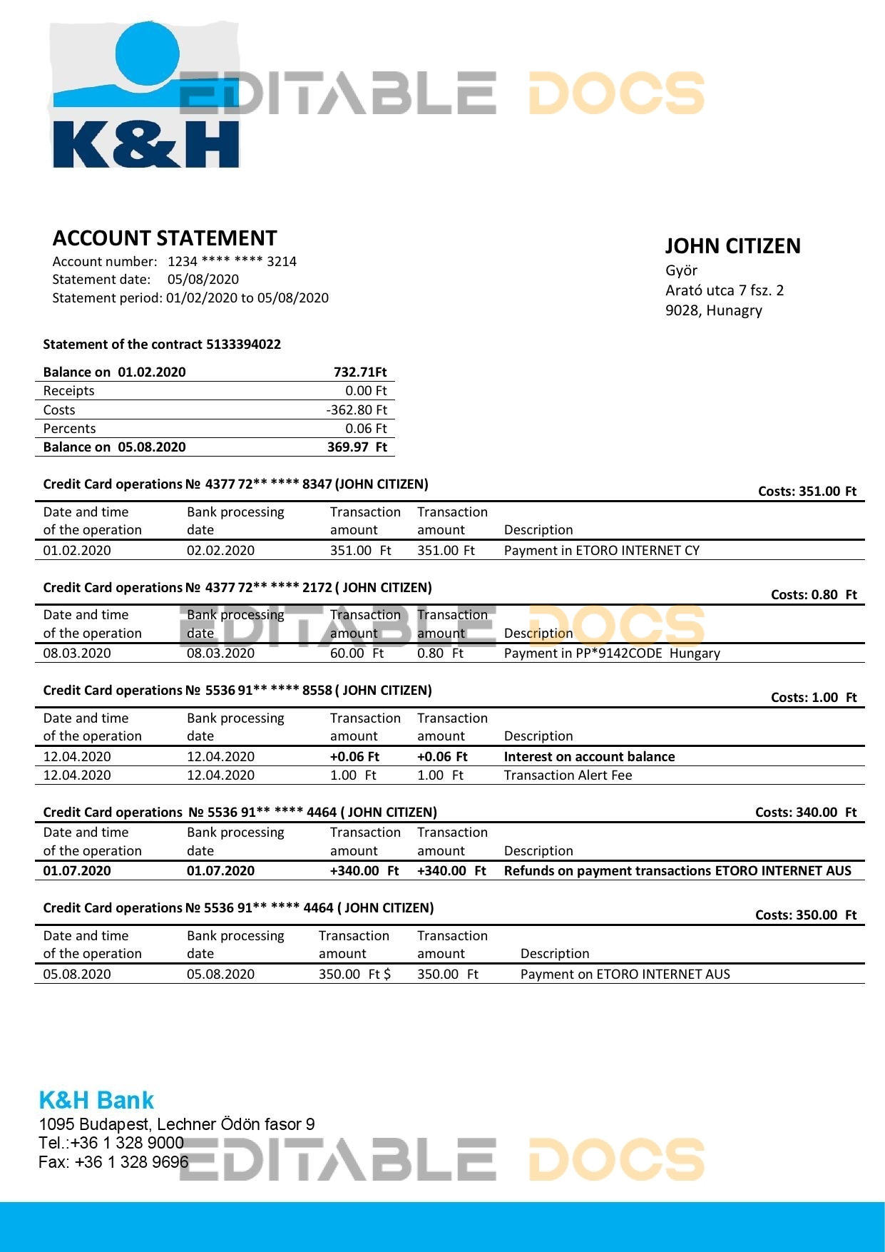 Hungary K&H Bank statement template in Word and PDF format