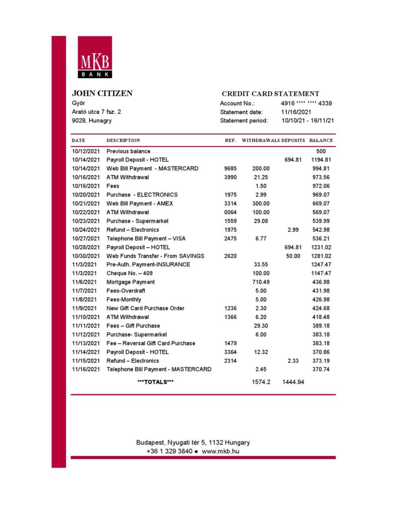 Hungary MKB Bank statement easy to fill template in .xls and .pdf file format
