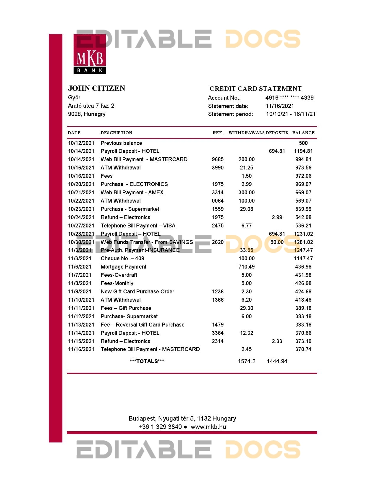 Hungary MKB Bank statement easy to fill template in .xls and .pdf file format