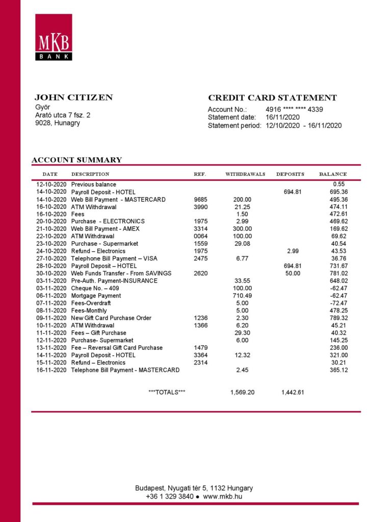 Hungary MKB Bank statement template in Word and PDF format