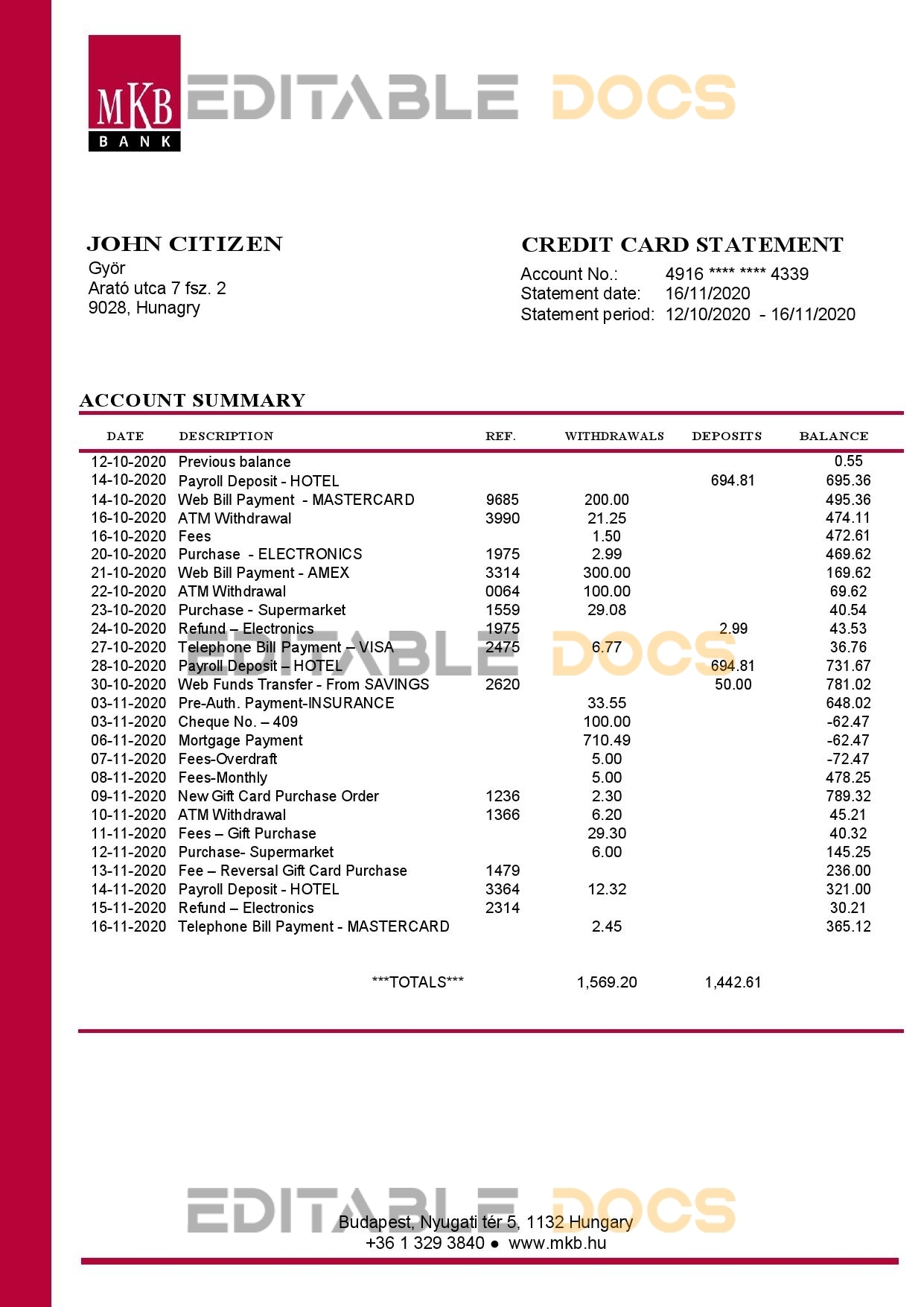 Hungary MKB Bank statement template in Word and PDF format