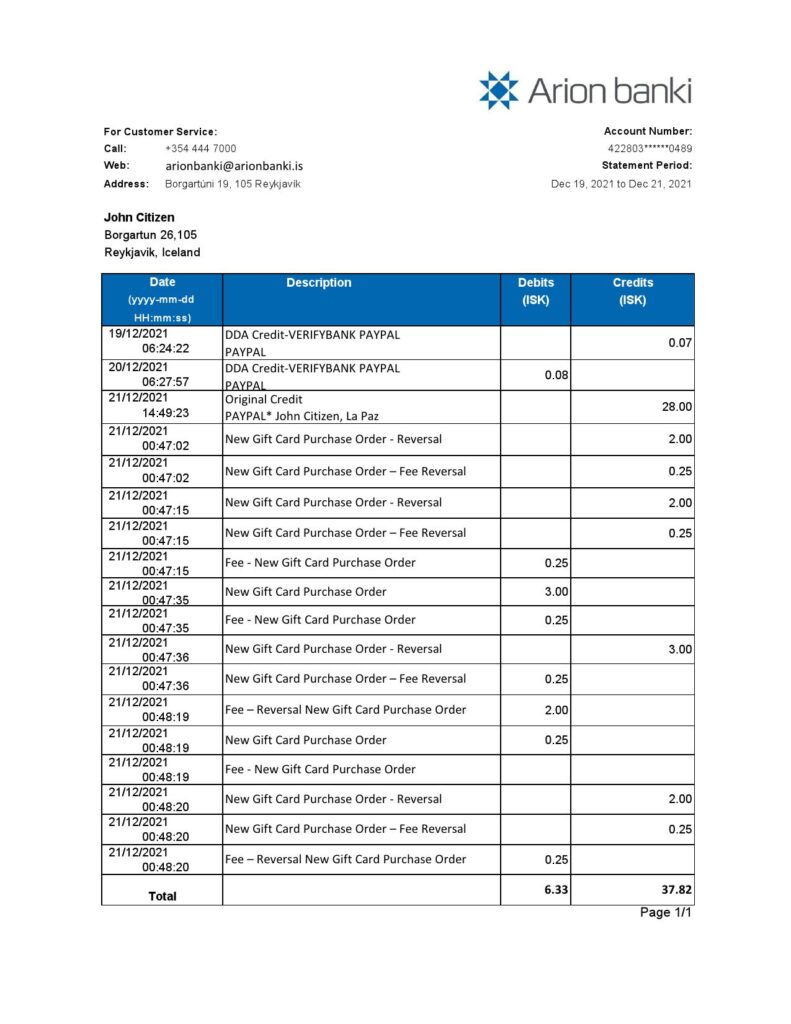 Iceland Arion Bank statement easy to fill template in .xls and .pdf file format