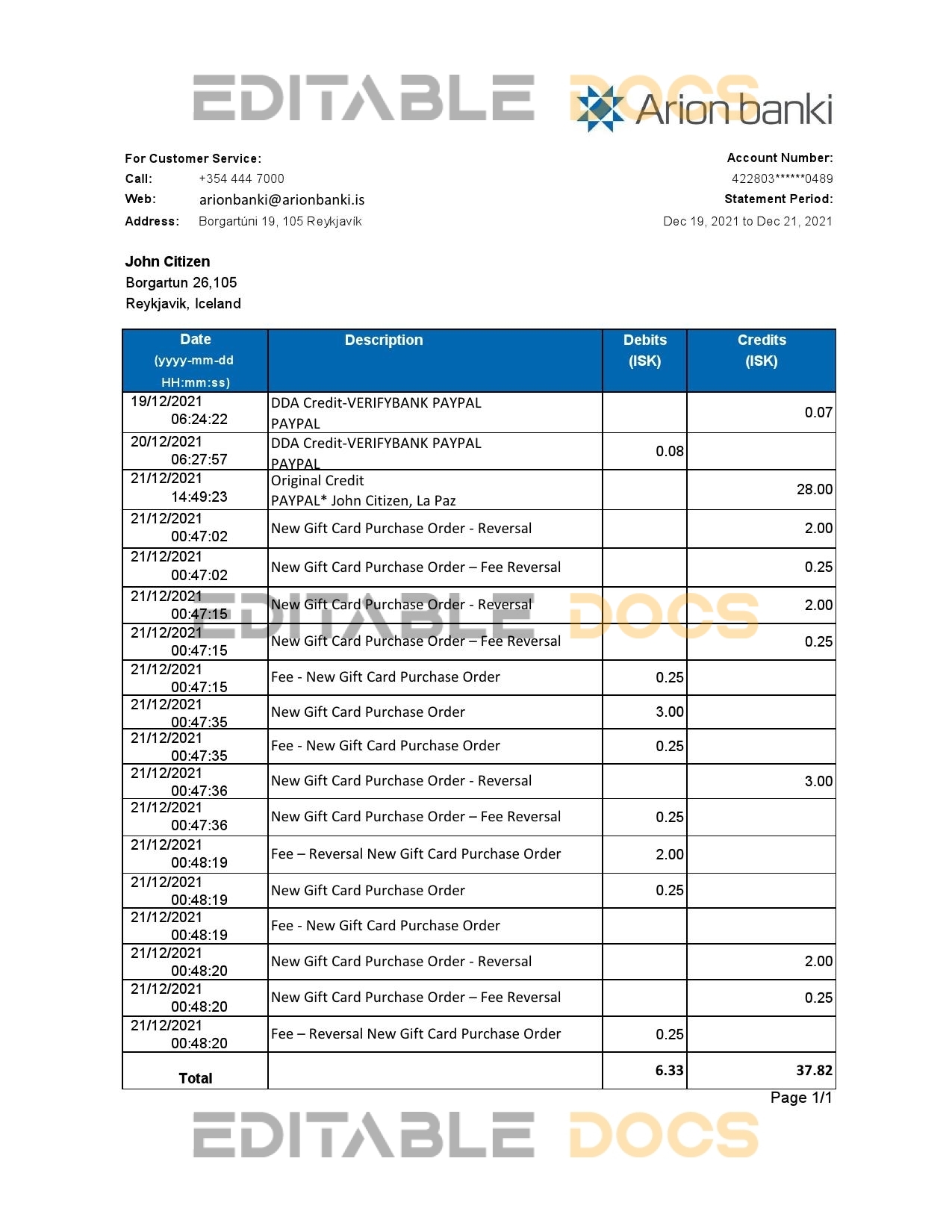 Iceland Arion Bank statement easy to fill template in .xls and .pdf file format