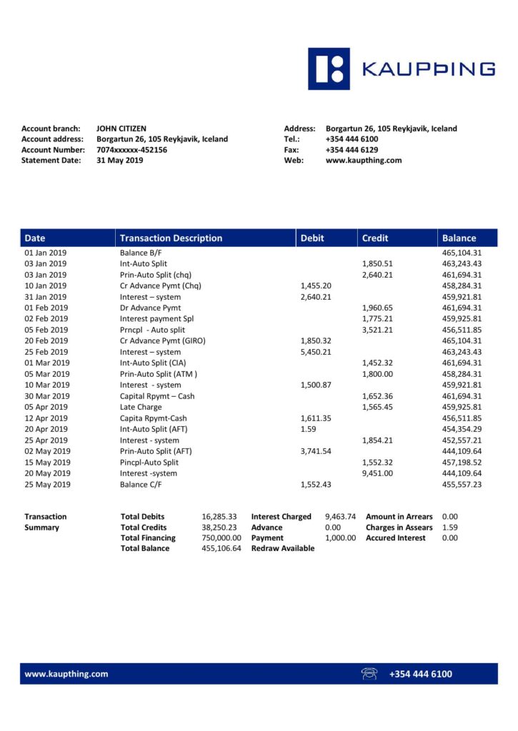 Iceland Kaupthing bank statement template in Word and PDF format