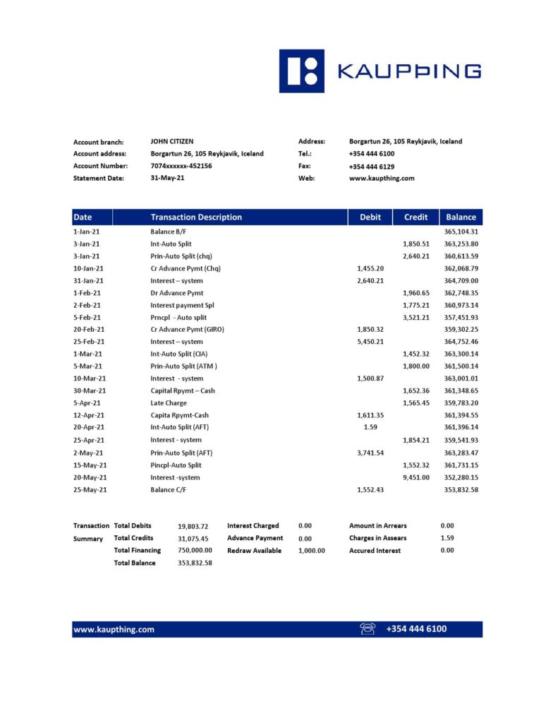 Iceland Kaupthing Bank statement easy to fill template in Excel and PDF format
