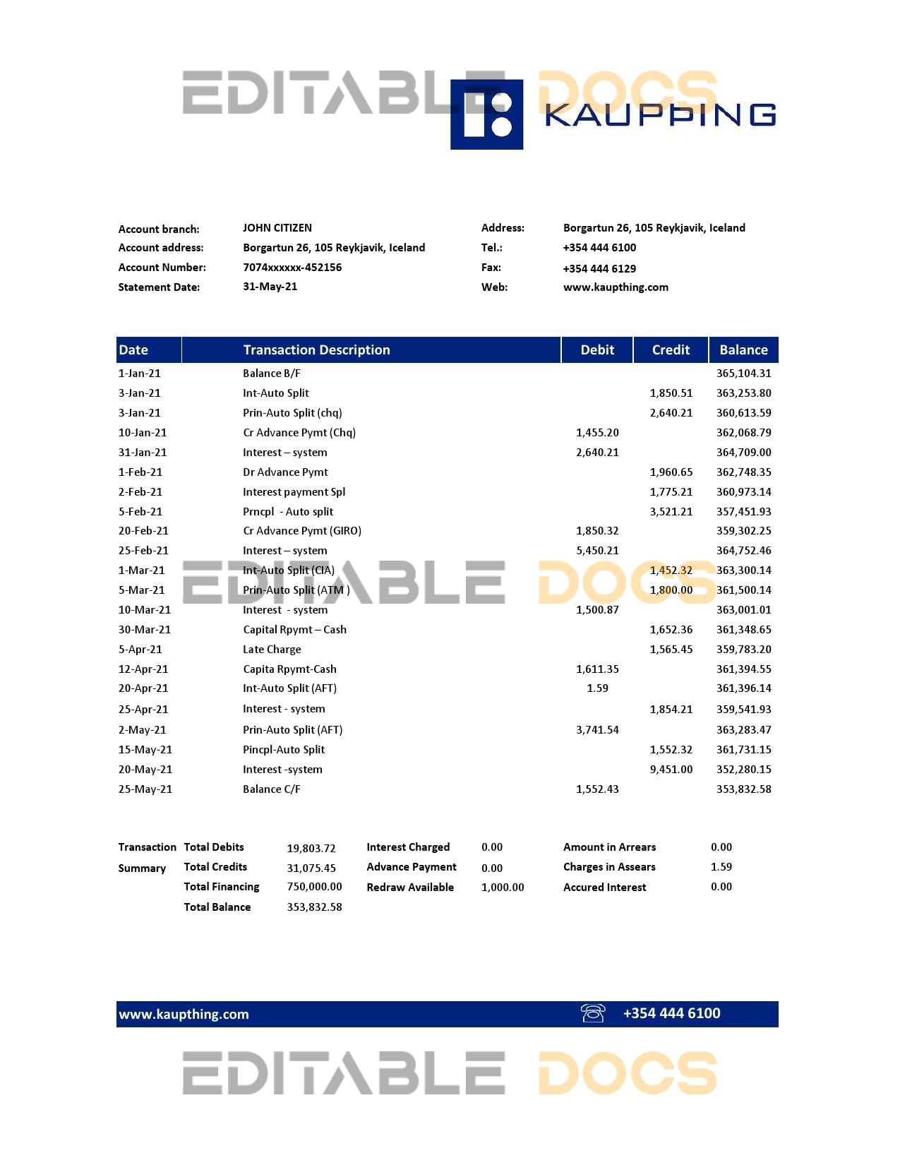 Iceland Kaupthing Bank statement easy to fill template in Excel and PDF format