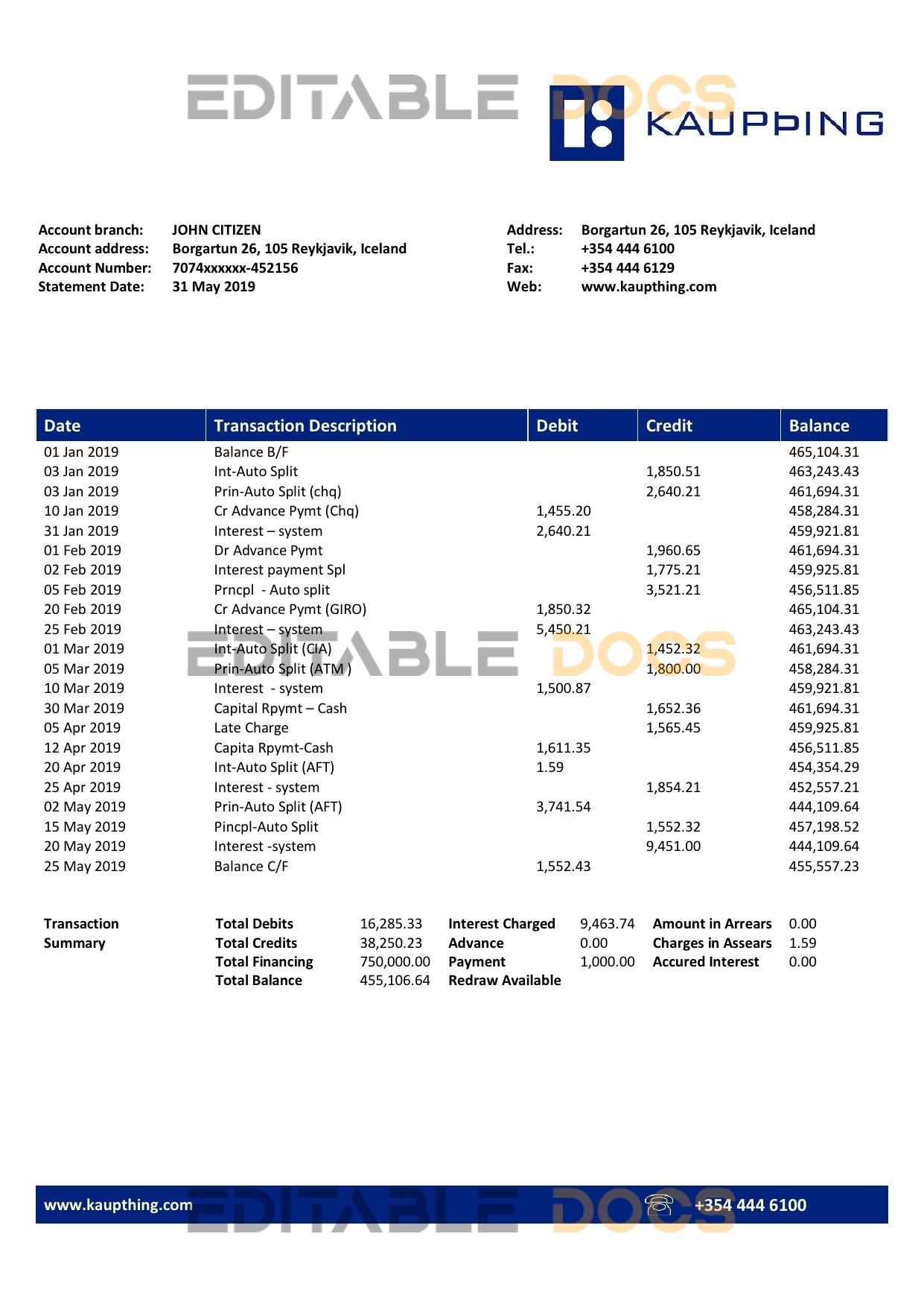 Iceland Kaupthing bank statement template in Word and PDF format