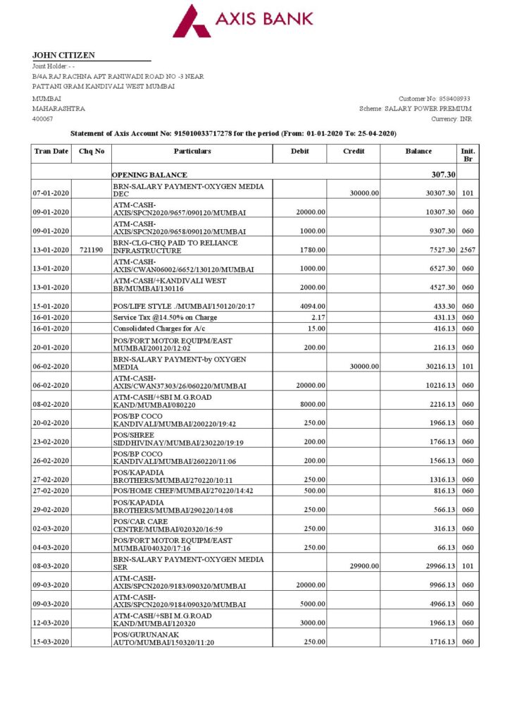 India Axis Bank statement template in .xls and .pdf file format (2 pages)