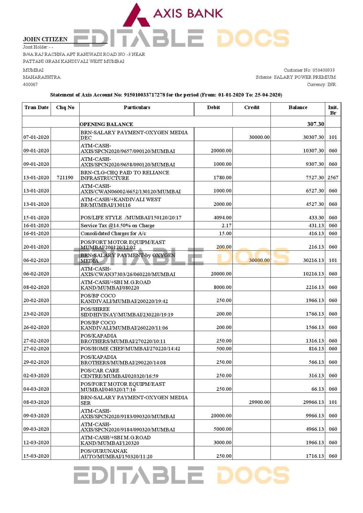 India Axis Bank statement template in Word and PDF format (2 pages)