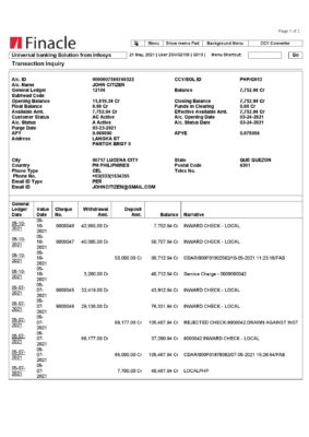 India Finacle bank statement in Word and PDF format (2 pages)